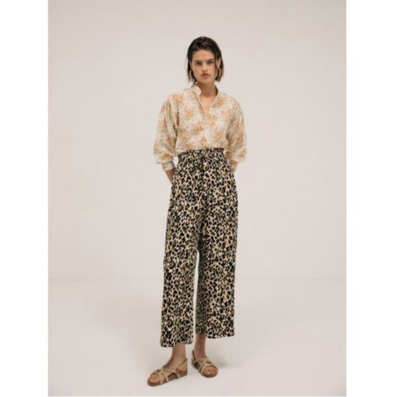 Suzie Winkle Tilio Trousers Pants Womens 34 XS Black Tan Leopard Print Wide Leg - Picture 11 of 12